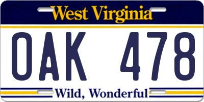 WV license plate OAK478