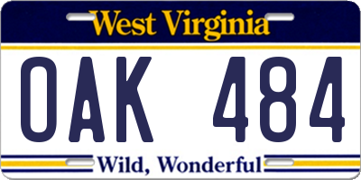 WV license plate OAK484