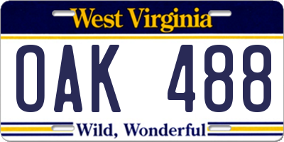 WV license plate OAK488