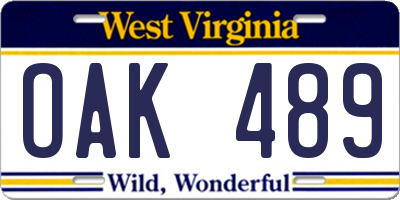 WV license plate OAK489