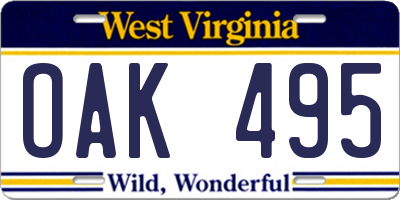 WV license plate OAK495