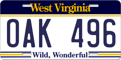 WV license plate OAK496