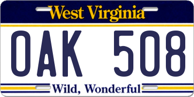 WV license plate OAK508