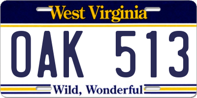 WV license plate OAK513