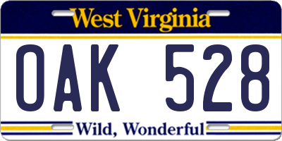 WV license plate OAK528