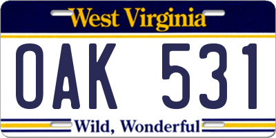 WV license plate OAK531