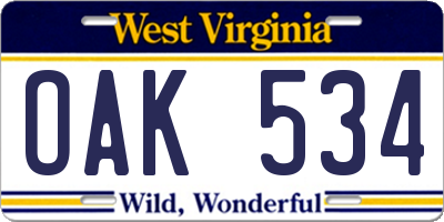 WV license plate OAK534