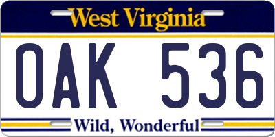 WV license plate OAK536