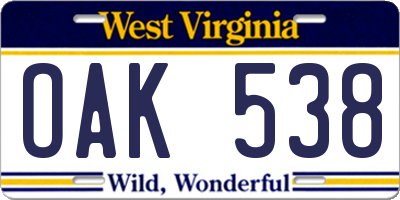 WV license plate OAK538