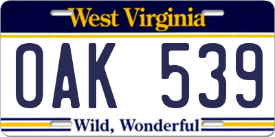 WV license plate OAK539