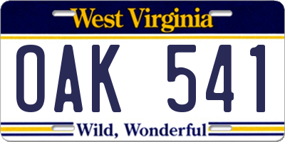 WV license plate OAK541