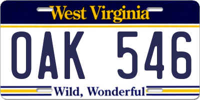 WV license plate OAK546