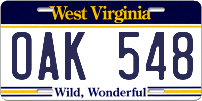 WV license plate OAK548