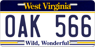 WV license plate OAK566