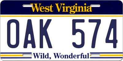 WV license plate OAK574