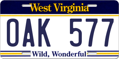 WV license plate OAK577