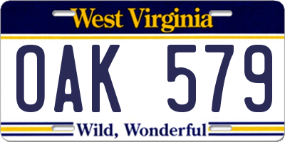WV license plate OAK579