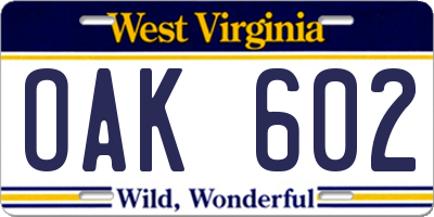 WV license plate OAK602