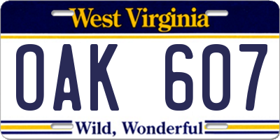 WV license plate OAK607