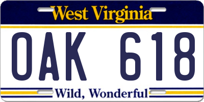 WV license plate OAK618