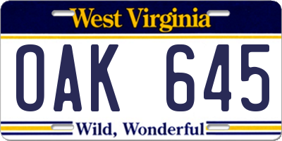 WV license plate OAK645
