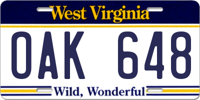 WV license plate OAK648