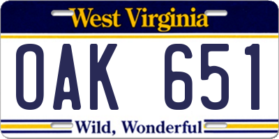 WV license plate OAK651