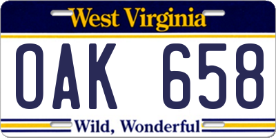 WV license plate OAK658