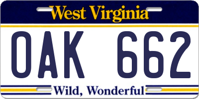 WV license plate OAK662