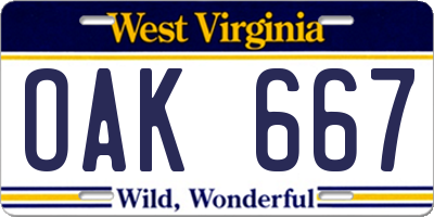 WV license plate OAK667