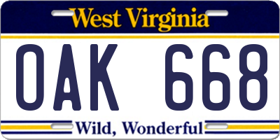 WV license plate OAK668