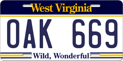 WV license plate OAK669