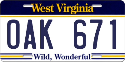 WV license plate OAK671