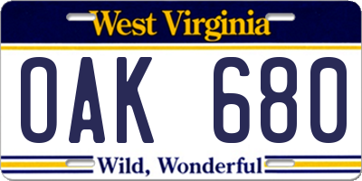 WV license plate OAK680