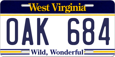 WV license plate OAK684