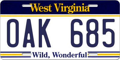 WV license plate OAK685