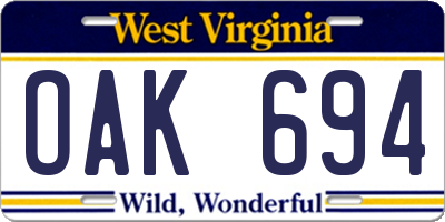 WV license plate OAK694