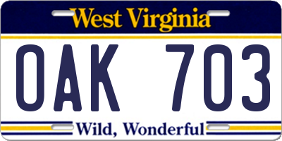 WV license plate OAK703