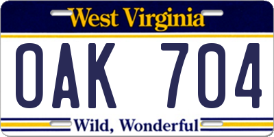 WV license plate OAK704