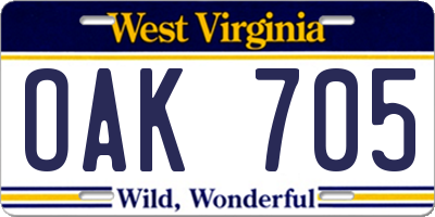 WV license plate OAK705