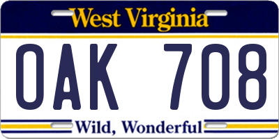 WV license plate OAK708
