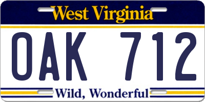 WV license plate OAK712