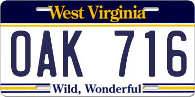 WV license plate OAK716