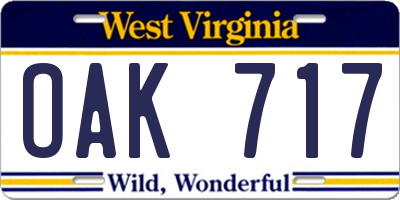WV license plate OAK717