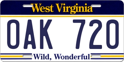 WV license plate OAK720