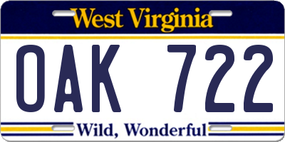 WV license plate OAK722