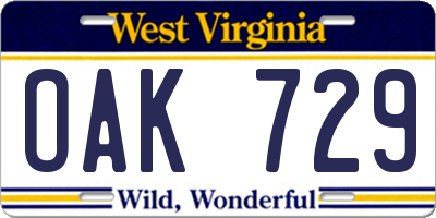 WV license plate OAK729