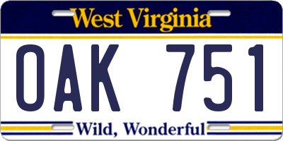 WV license plate OAK751