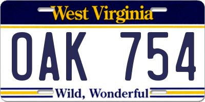 WV license plate OAK754