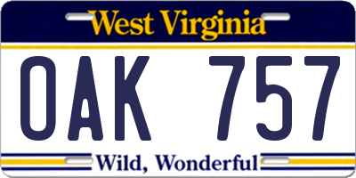 WV license plate OAK757